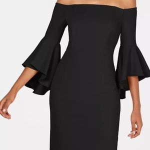 Calvin Klein off shoulder flutter sleeve unique cocktail solid black dress